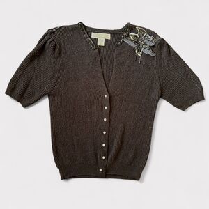 Monarch Knits Beaded Short Sleeve Cardigan 80s Cocktail Top Floral Bead Tassel